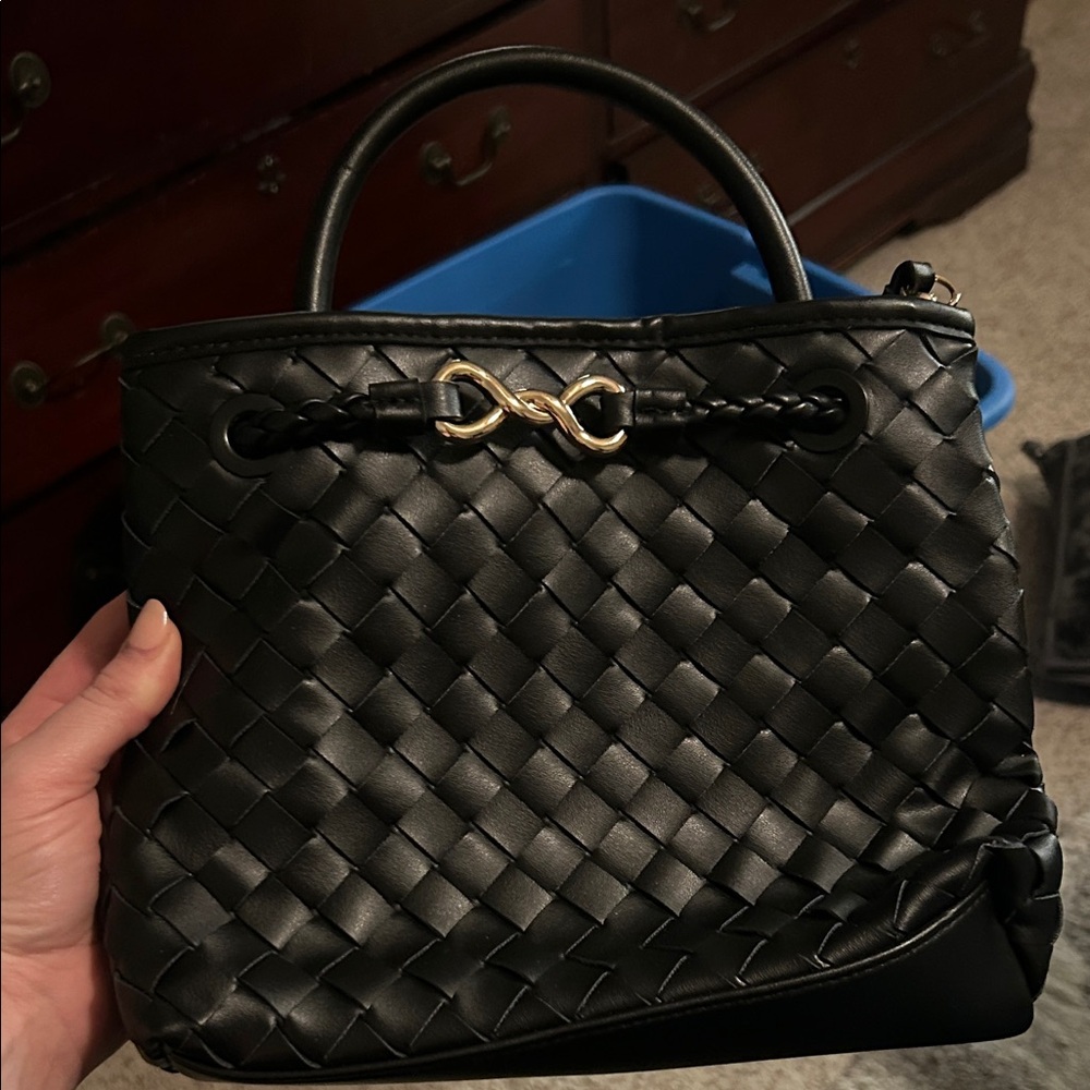 Black Woven Shoulder Bag with Gold Accent